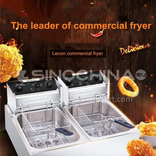 Lecon deep fryer electric fryer commercial electric fryer double cylinder fryer stainless steel thickened French fries machine potato chip machine   DQ000994